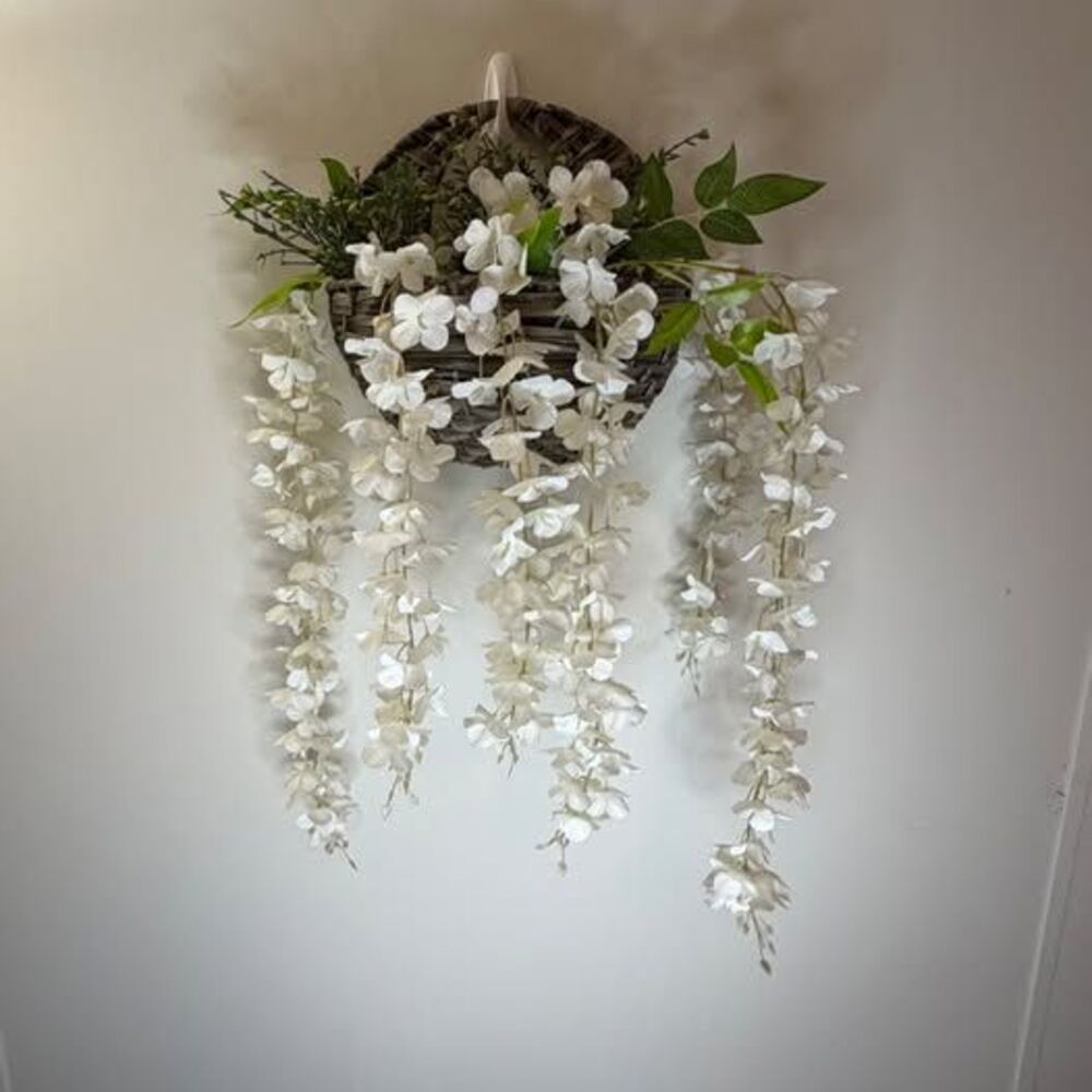 Artificial White Wisteria in Hanging Wicker Basket